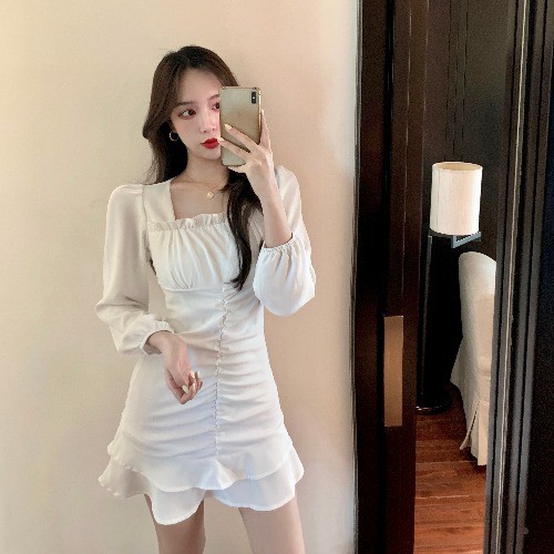 Đầm ulzzang đuôi cá dáng ngắn tay dài phong cách vintage Hàn Quốc V06 - Peyy Clothing | BigBuy360 - bigbuy360.vn