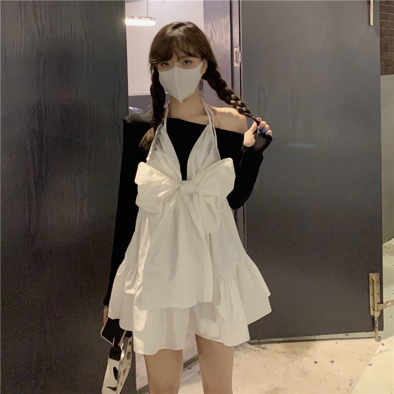 Bộ trang phục IELGY gồm áo trễ vai kèm đầm cổ yếm phối nơ thời trang retro cho nữ (có bán lẻ)