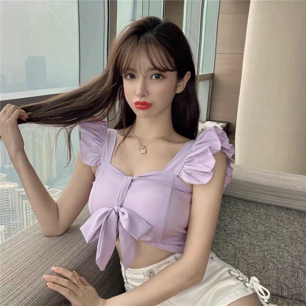 Áo kiểu croptop tay cánh tiên có mút ngực cột nơ lưng nhún cực hot . chất kate mềm mát alohashop91