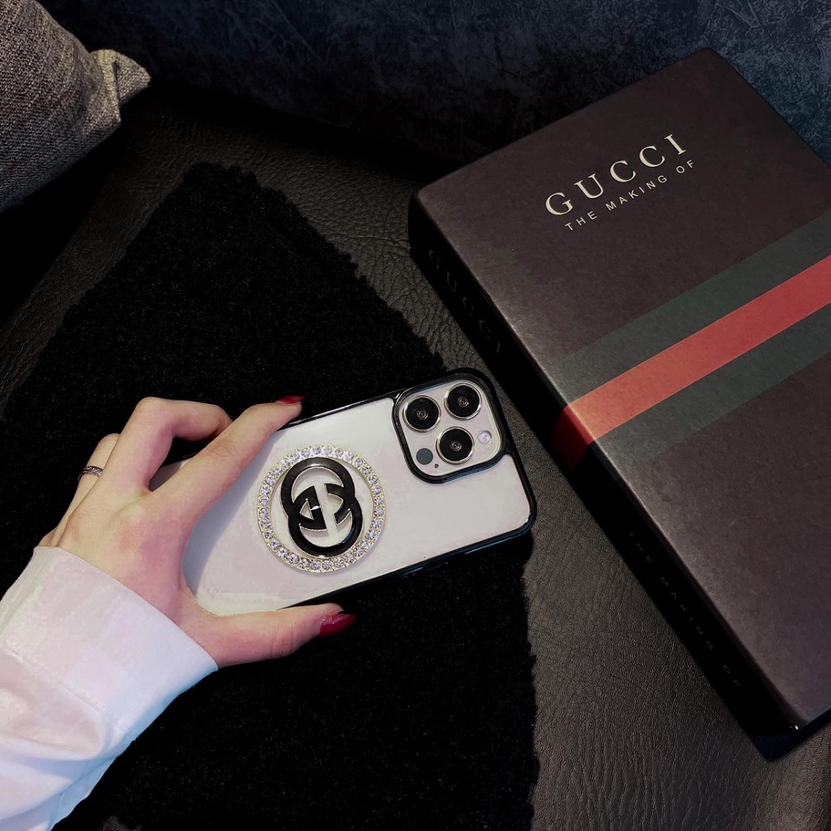 Ốp lưng iPhone, lưng kính logo GC đính đá cực sang chảnh, iPhone X Xs Max 11 12 13 14 Pro Max