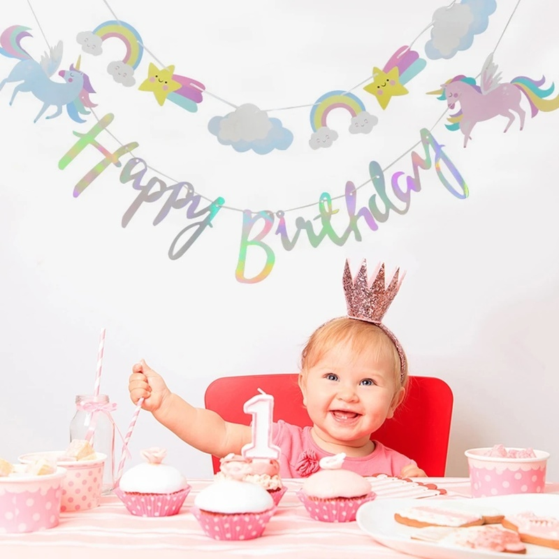 Dây Cờ Dài 2M Họa Tiết Kỳ Lân / Cầu Vồng Hoạt Hình Nhiều Màu Trang Trí Tiệc Sinh Nhật Cho Bé Gái