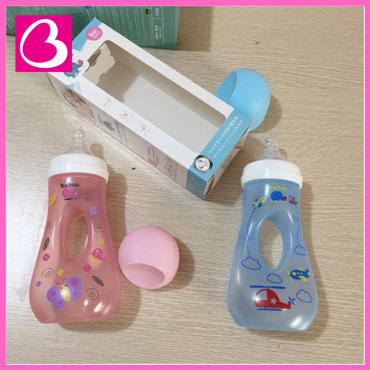 Bình sữa cổ rộng Nhật Bản Babuu Baby khoét lỗ dễ cầm nắm cho bé loại 150ml và 240ml