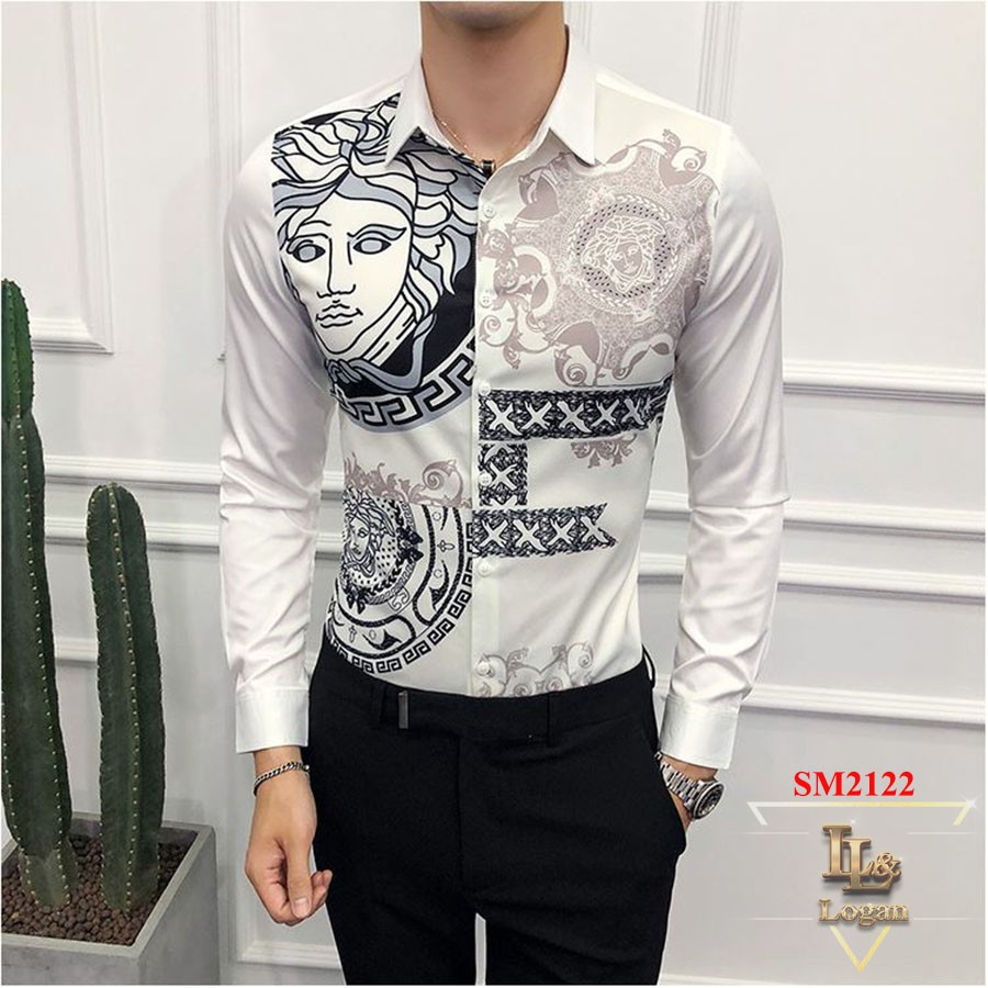 Áo sơ mi họa tiết versace SM2122 trắng đen, form body chuẩn đẹp, không nhăn, sang trọng chuẩn men,ảnh thật 100%