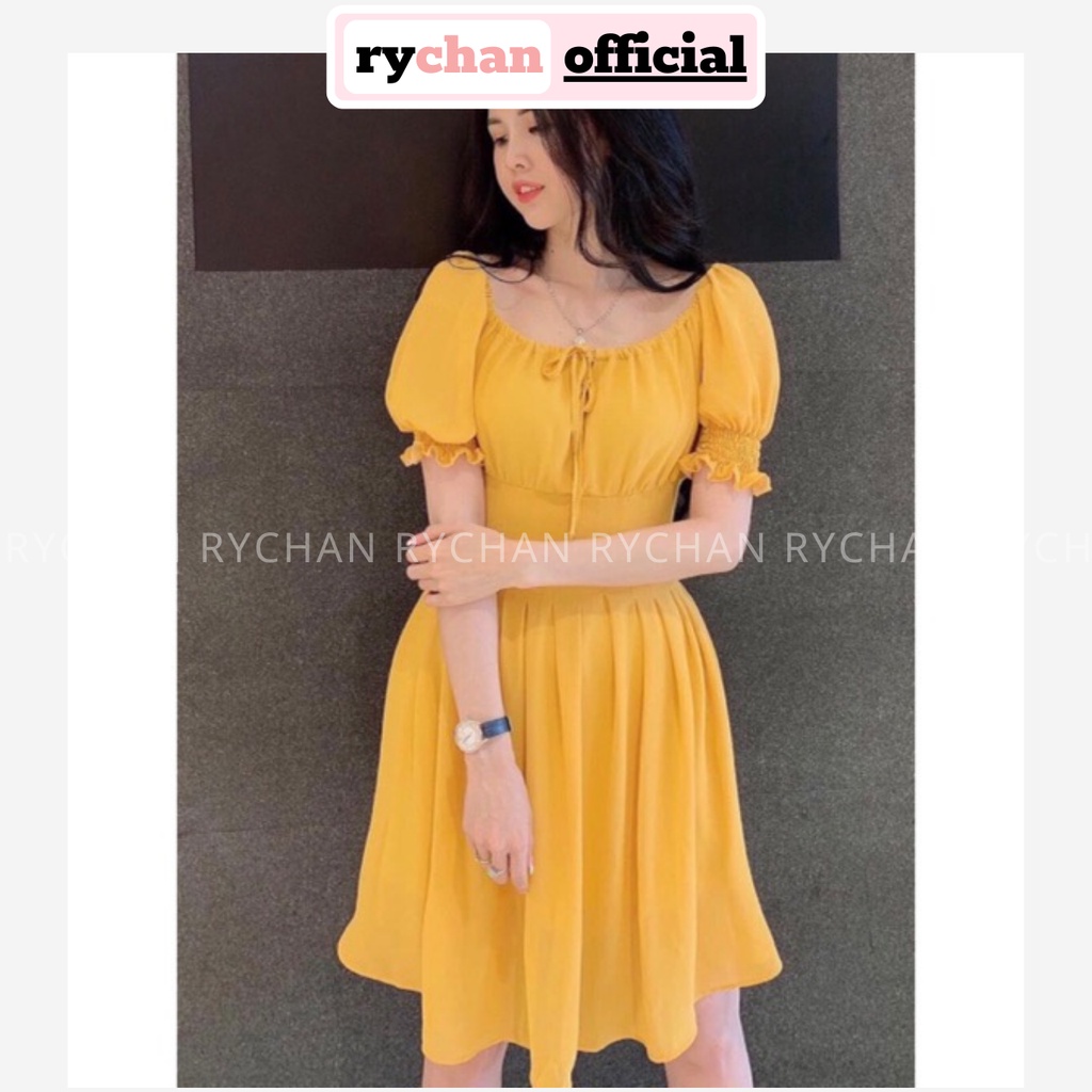DX884 - Đầm Xòe Cổ Vuông Nơ Cổ Nhiều Màu Hình Thật Đầm Xòe Bánh Bèo Dập Ly