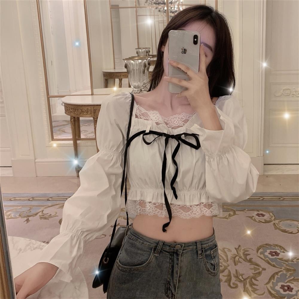 Áo Kiểu Nữ Blouses Women Lace Stitching Off-shoulder Long Sleeve New Waisted