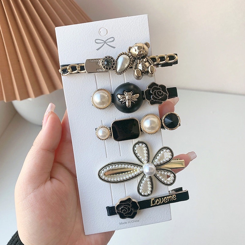 Kẹp tóc mái hình nơ, hình trái tim đính ngọc trai nhân tạo phong cách dễ thương Hàn Quốc cho nữ