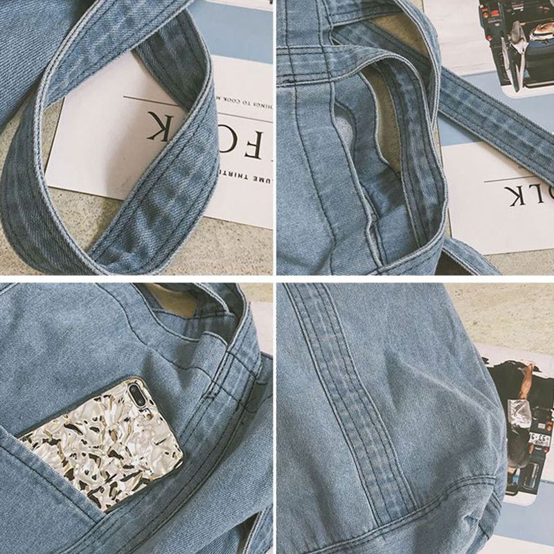 Túi đeo vai vải denim màu trơn sức chứa lớn phong cách cổ điển đơn giản thời trang cho nữ