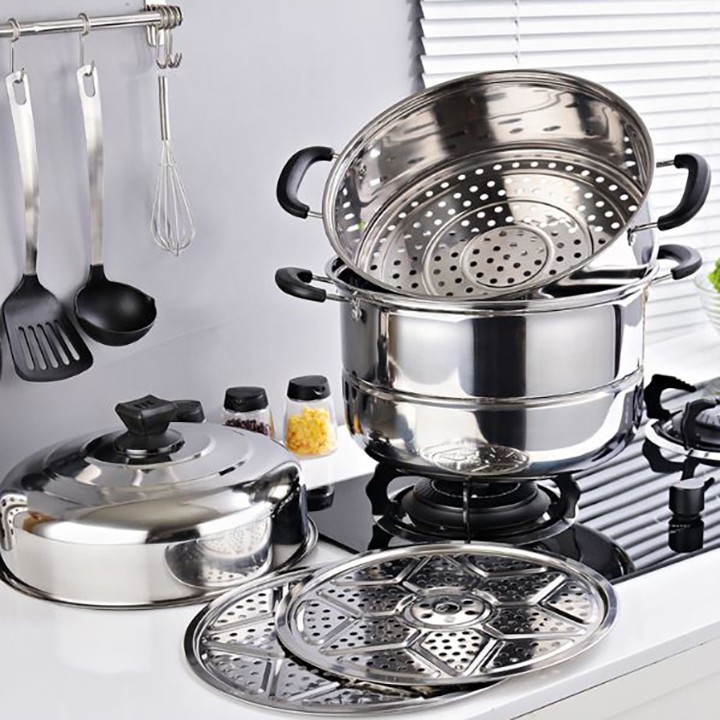 NỒI HẤP 3 TẦNG VỚI CHẤT LIỆU INOX KO BỊ GỈ - NỒI HẤP CÁCH THUỶ ĐA NĂNG
