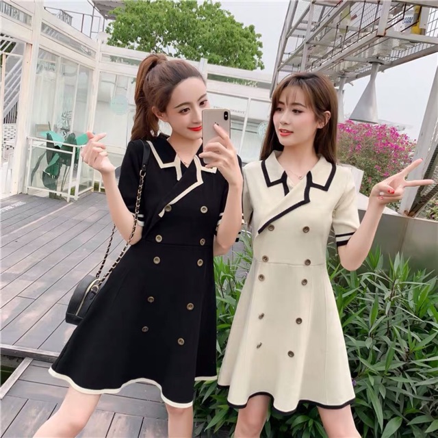 Bigsize Đầm cổ vest phối cúc viền màu len montoghi tay ngắn