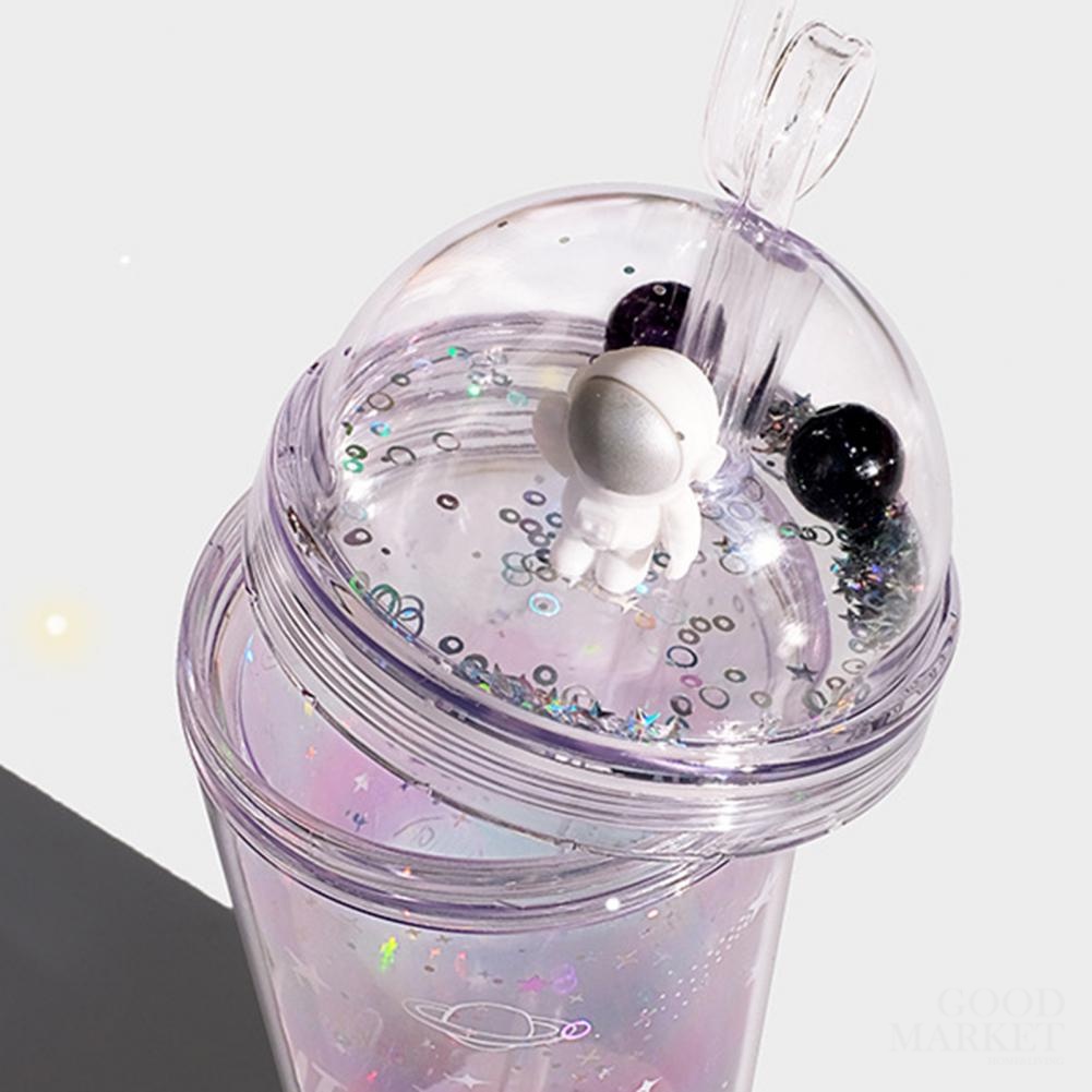 Cốc Uống Nước 420ml Hai Lớp Cách Nhiệt Bằng Nhựa Màu Sáng Có Ống Hút Hình Phi Hành Gia
