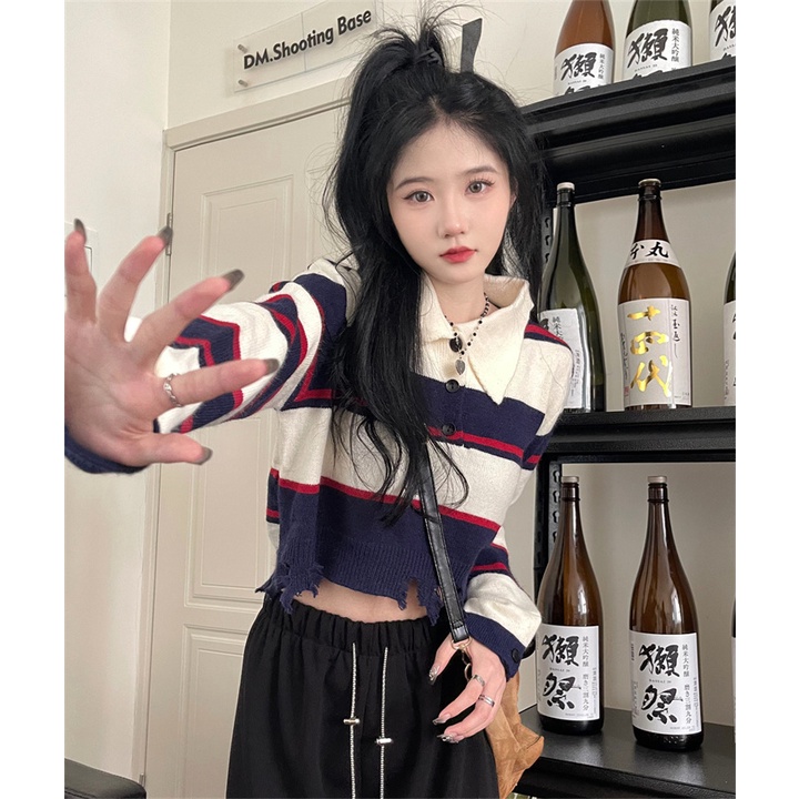 ZHELIHANGFEI Áo thun dáng ngắn tay dài kẻ sọc ngang thời trang cho nữ