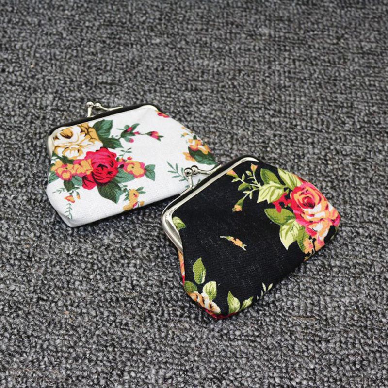 Ví clutch cầm tay khóa kim loại đựng tiền xu in hoa hồng cho phái nữ