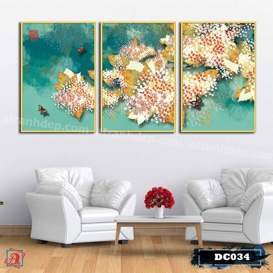 Bộ 3 tranh canvas treo tường Decor Họa tiết hoa lá cách điệu, phong cách tân cổ điển – DC034