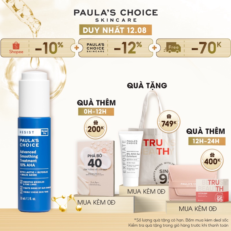 Lotion tẩy da chết làm sáng và căng bóng da Paula's Choice Resist Advanced Smoothing Treatment 10% AHA 30ml 7651