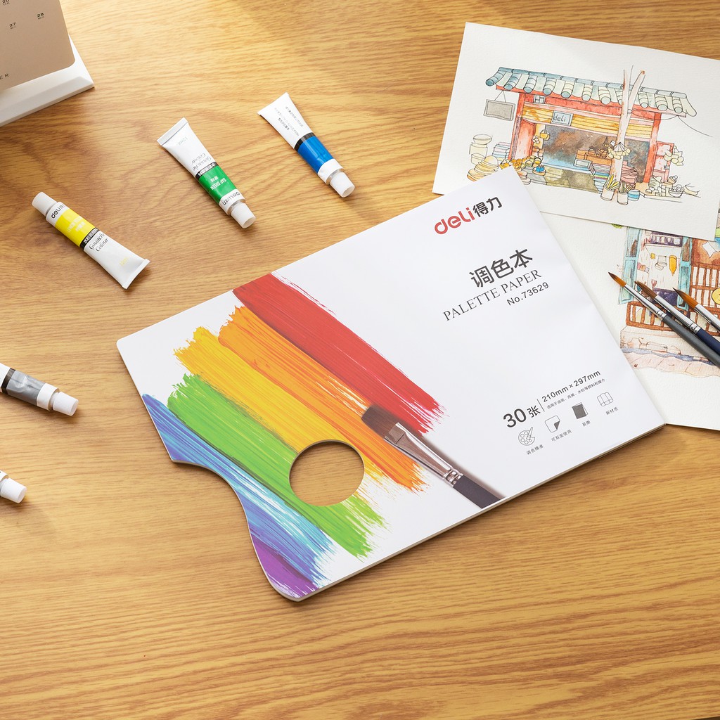 Bảng pallette pha màu bằng giấy chuyên dụng Deli Khổ A4, 30 tờ 1 quyển phù hợp vẽ ngoài trời lên màu chuẩn xác khi dùng