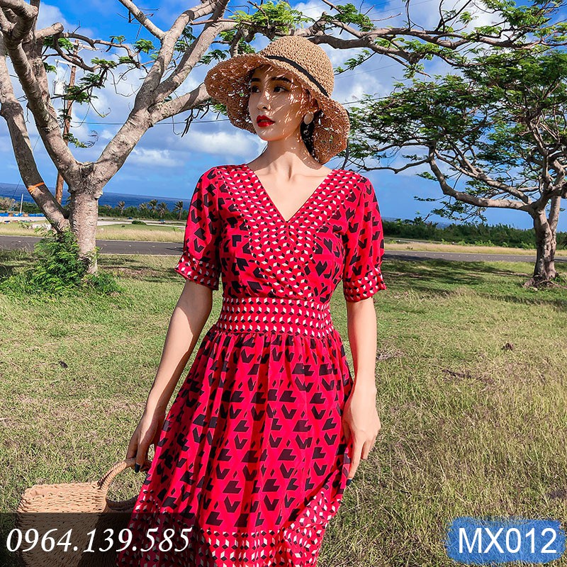 Váy maxi lửng dáng xòe, họa tiết thổ cẩm khối, chất đẹp, dễ mặc | MX012