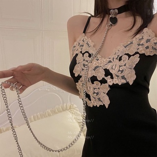 Váy ngủ nữ 2 dây lụa phối ren hoa cao cấp xẻ tà