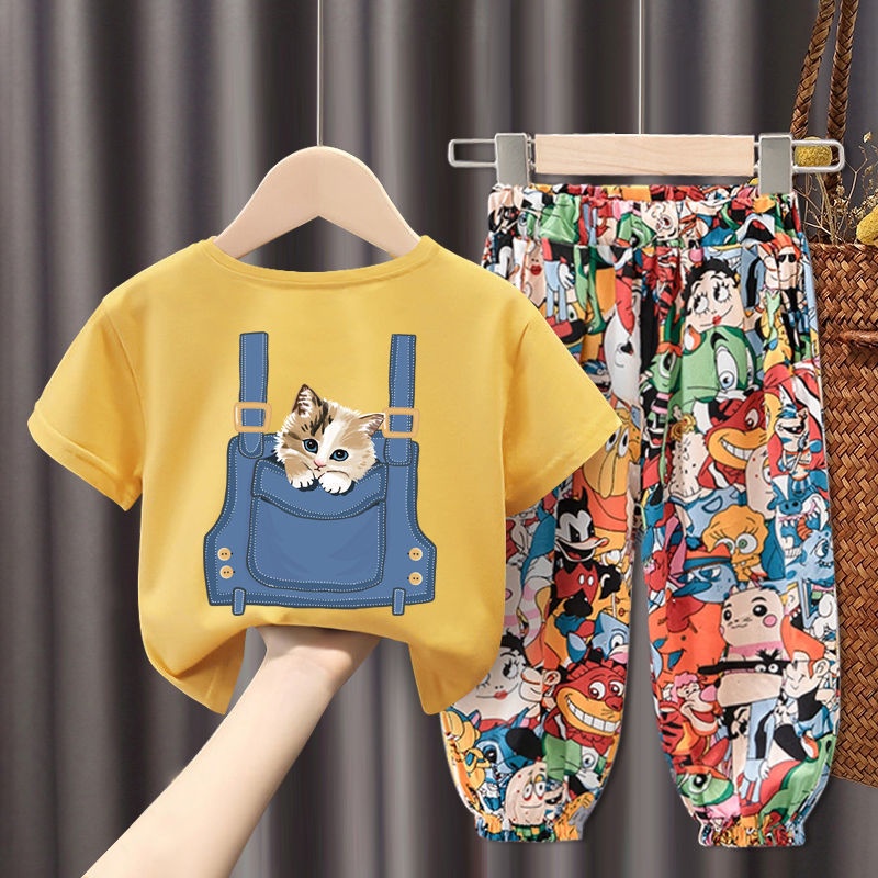 Bộ Áo Thun Cotton Ngắn Tay In Hoạt Hình + Quần Bó Thời Trang Mùa Hè Cho Bé