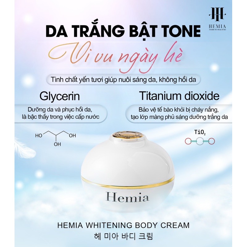 Kem dưỡng toàn thân Hemia Whitening Body Cream 150g dưỡng trắng, cấp ẩm, chống nắng, makeup da