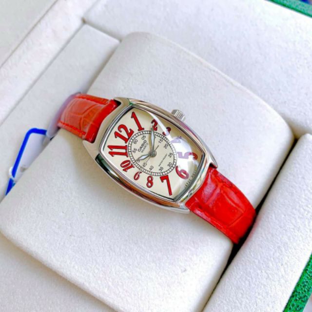 Đồng hồ nữ Casio LTP-1208E-9B2DF số học trò và dây da đỏ cực đẹp
