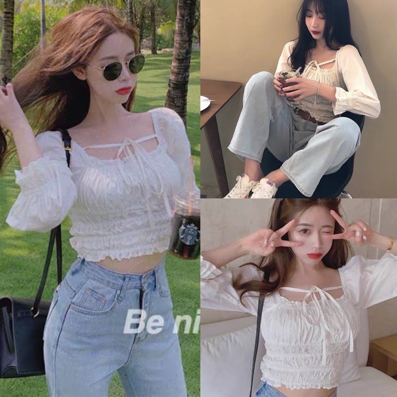 Áo croptop trắng trễ vai buộc dây cổ, Áo croptop trắng trễ vai bèo sang chảnh phong cách Hàn Quốc | BigBuy360 - bigbuy360.vn