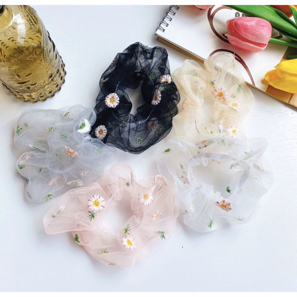 Dây buộc tóc scrunchies thêu hoa cúc