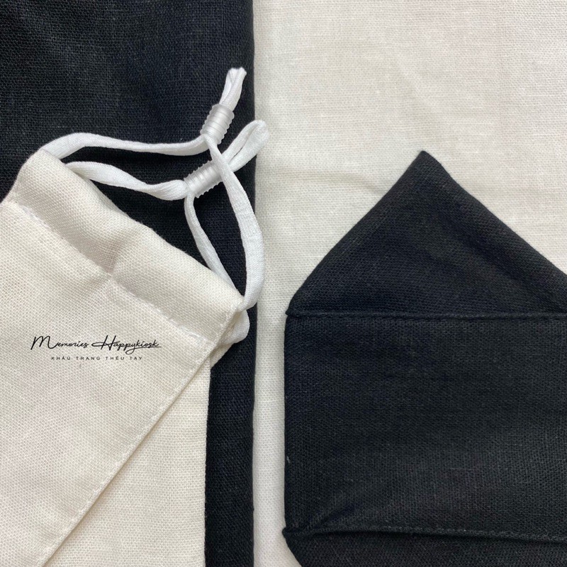 Khẩu trang vải linen lót vải xô muslin mềm thoáng dành cho nam và nữ màu trắng/ đen. Khẩu trang vải linen màu trơn