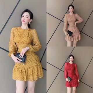 D473 đầm xoè chấm bi phối tay voan dịu dàng , váy dự tiệc xoè đuôi cá