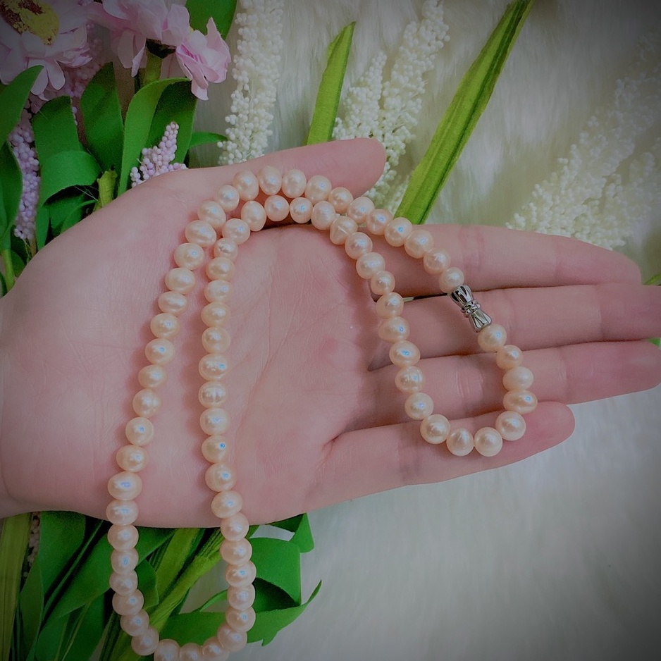 Vòng cổ trai thật tự nhiên nuôi nước ngọt 6li hồng ánh cam hạt tuyển bóng đẹp
