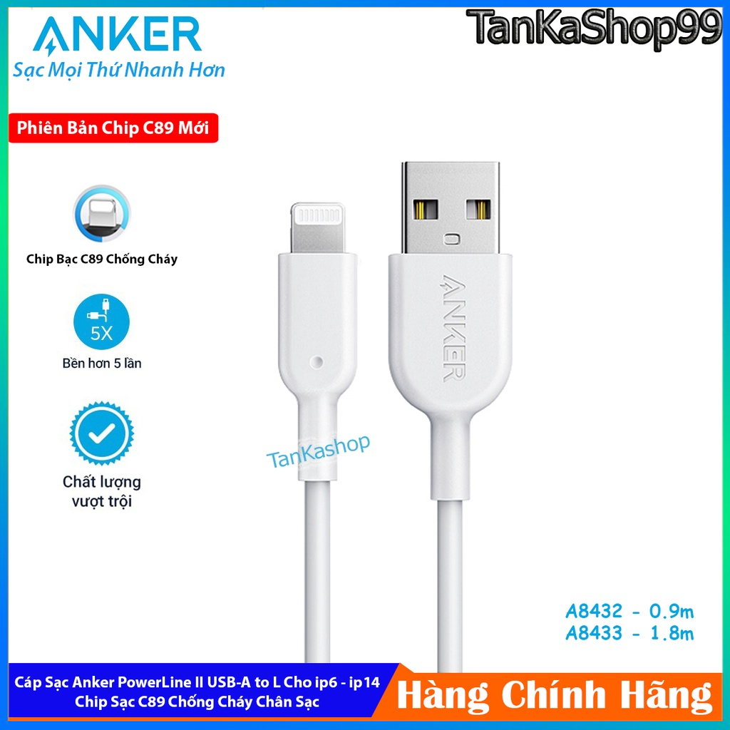 Cáp Sạc Anker Poweline II USB A to L A8432 Sạc Cho ip6 - ip13 Chip Mới C89 Chống Cháy