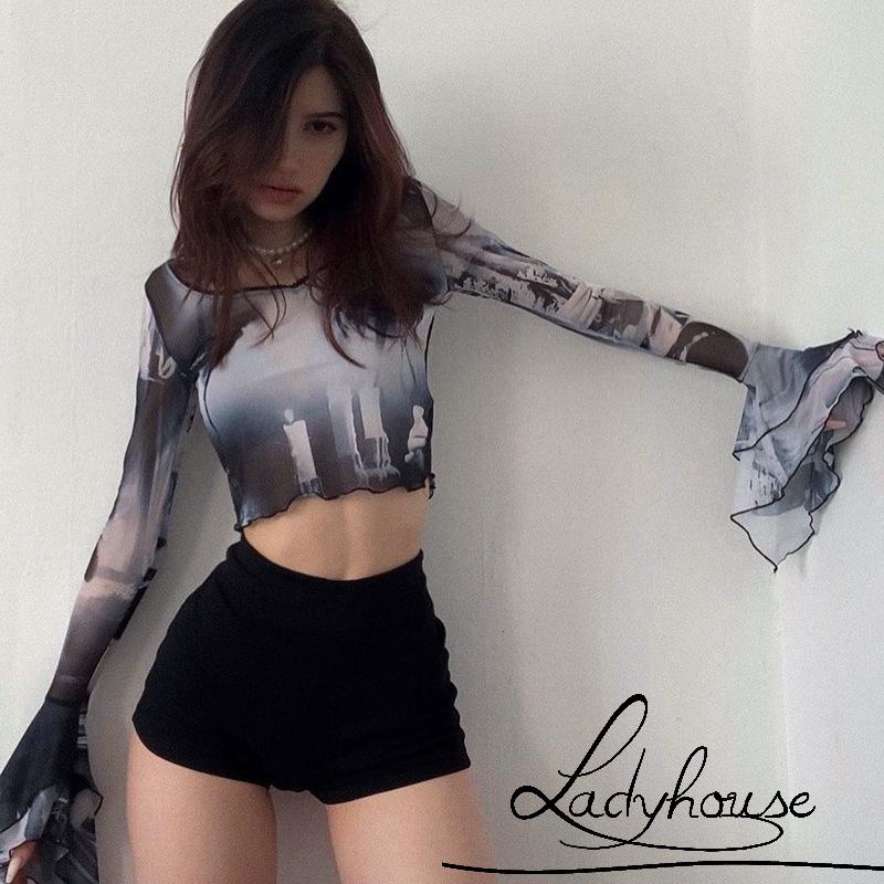 Ldd-áo Sơ Mi Crop Top Tay Loe Dài Xếp Nếp In Họa Tiết Cổ Tròn  Cho Nữ