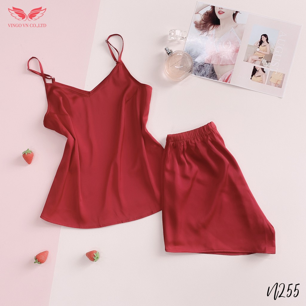 VINGO Bộ Đồ Ngủ Mặc Nhà Nữ Áo Hai Dây Quần Cộc Mùa Hè Lụa Trơn  Mềm Thoáng Mát N255 VNGO