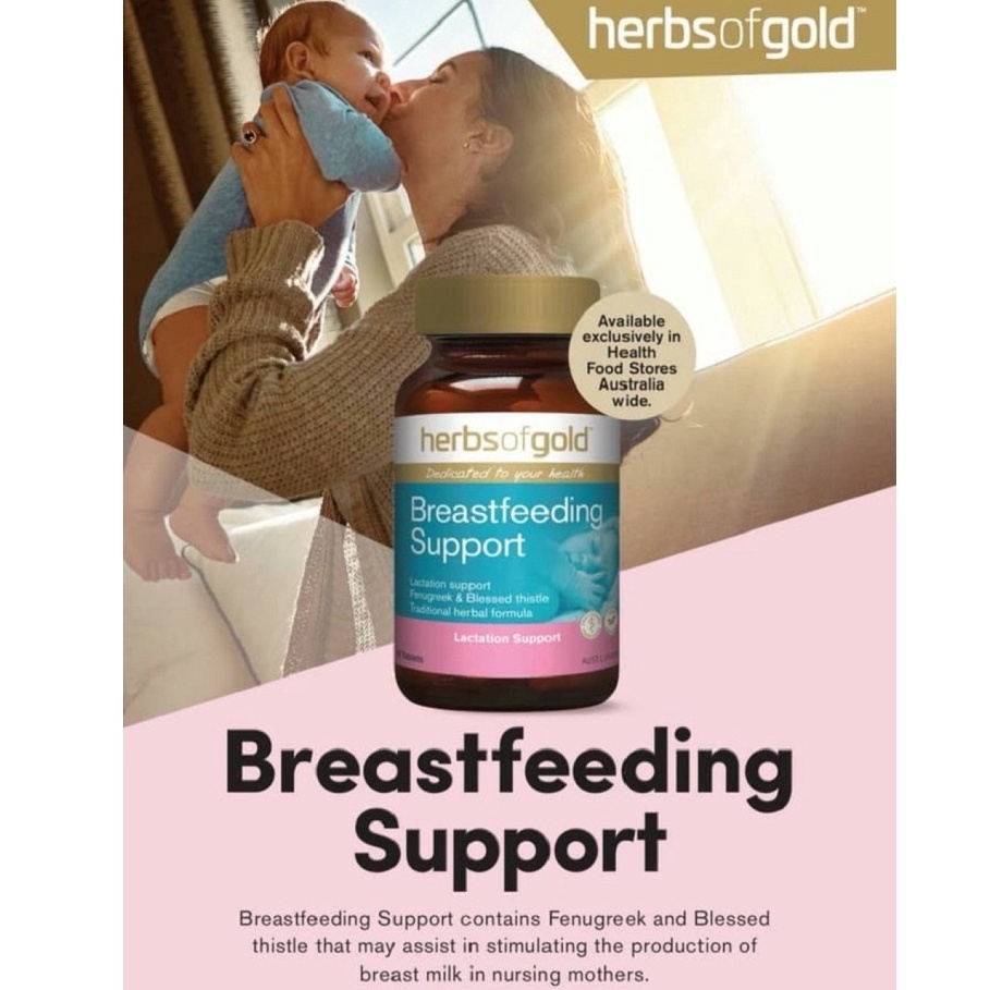 Viên Uống Lợi Sữa Herbs Of Gold Breastfeeding Support Úc - giúp kích thích tuyến sữa cho mẹ sau sinh (60 viên)