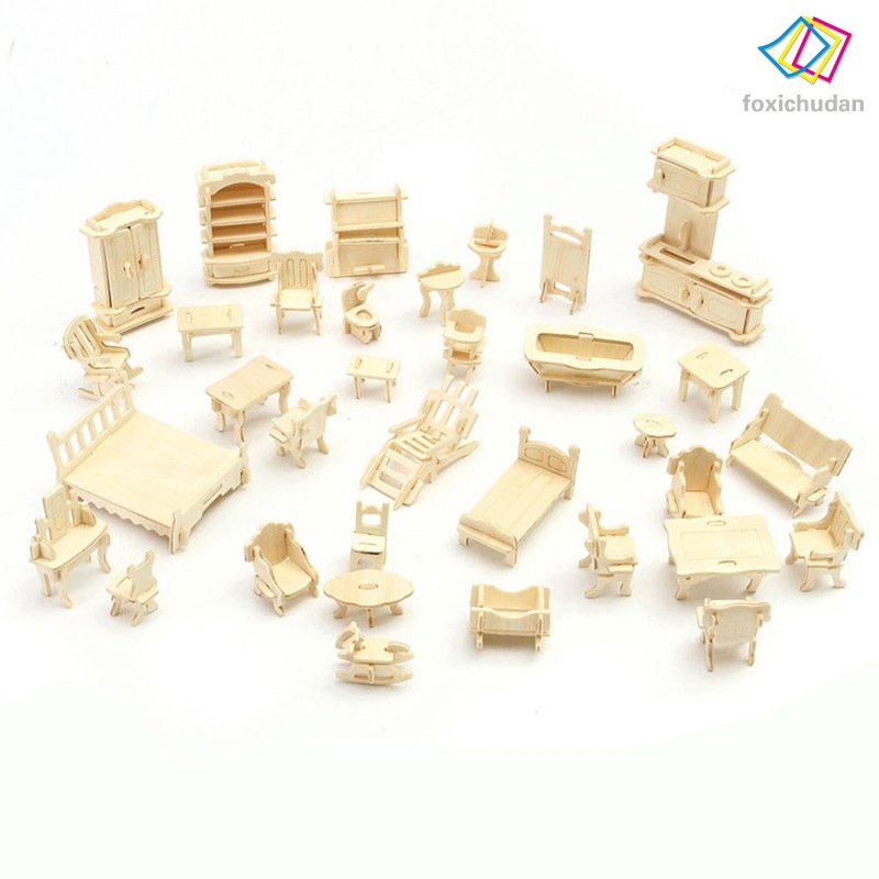 Set 34 Mô Hình Nội Thất Mini Bằng Gỗ Dùng Để Trang Trí Nhà Búp Bê