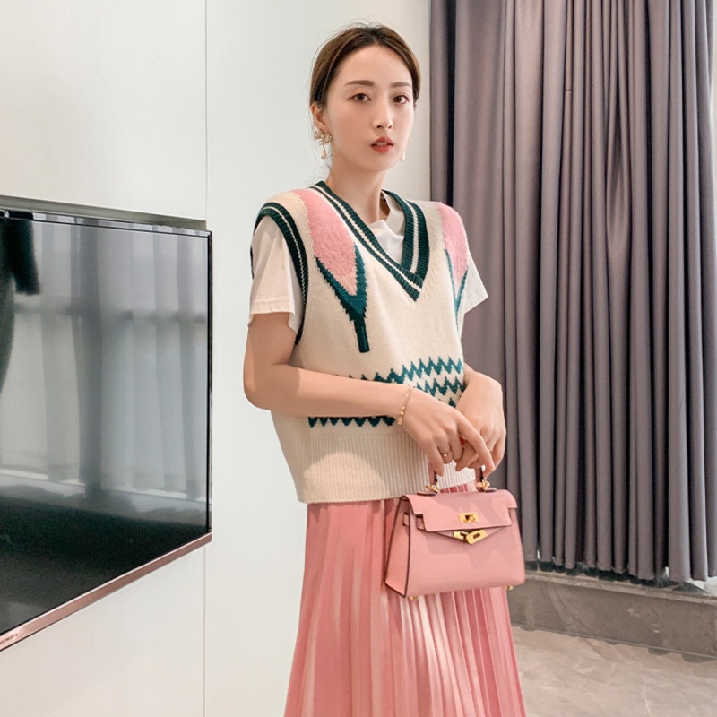 Áo Khoác Len Không Tay Cổ Chữ V Dáng Rộng Màu Sắc Tương Phản Thời Trang Mùa Thu Cho Nữ