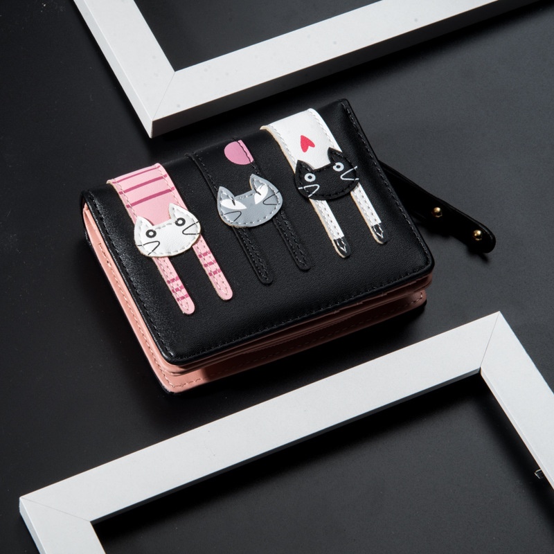 Ví Ngắn Cỡ Lớn Có Khóa Kéo Họa Tiết Mèo Hoạt Hình Phong Cách Hàn Quốc Cho Nữ