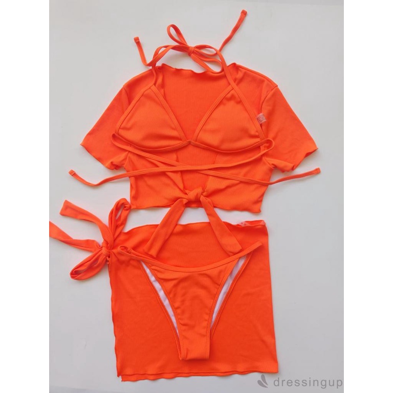 Set 4 món áo ngực + áo croptop + quần lót + xà-rông màu trơn thời trang cho nữ