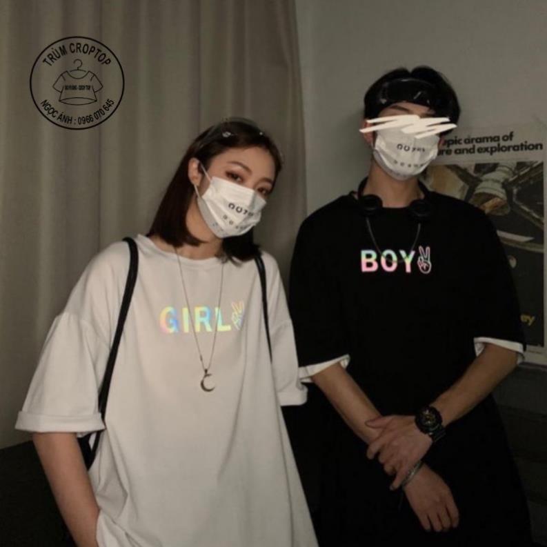 Áo Phông Phản Quang Unisex , Áo Thun Tay Lỡ In Chữ Boy + Girl !