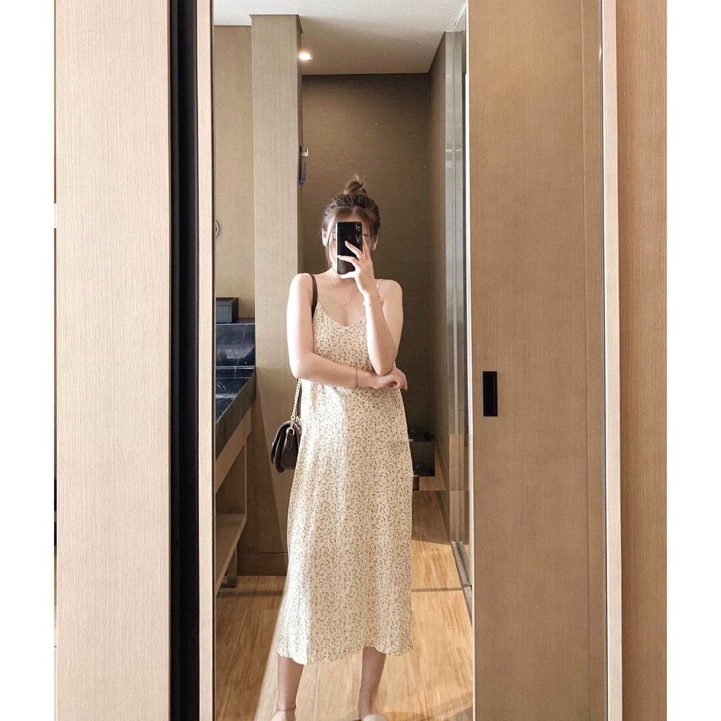 Váy 2 Dây Hoa Nhí Cam PEONYB Nữ [FREESHIP] 🌸 Đầm midi maxi mặc đi biển, dáng suông dài cổ tim bánh bèo Ulzzang 🌸 | BigBuy360 - bigbuy360.vn
