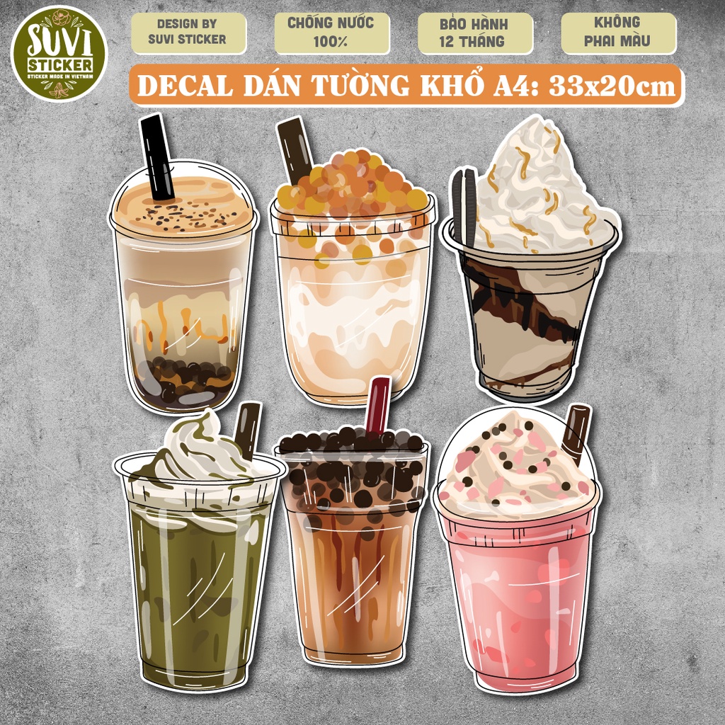 Combo Decal Trà Sữa khổ lớn trang trí tường, dán kính, trang trí quán cà phê khổ A4 chống nước. KL19-03