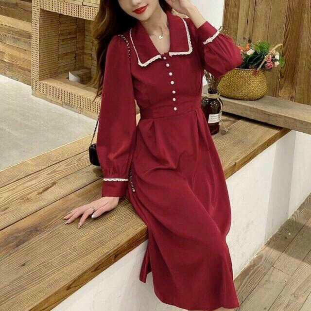 [8.8 Sales Freeship] Đầm nữ dài tiểu thư phong cách vintage, đầm tay dài phối nút cổ bèo ren thanh lịch, sang trọng