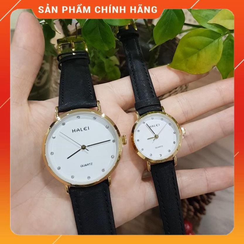 Hot!!! Đồng hồ cặp đôi nam nữ Halei dây da đen mặt ngọc chính hãng Shop giá re