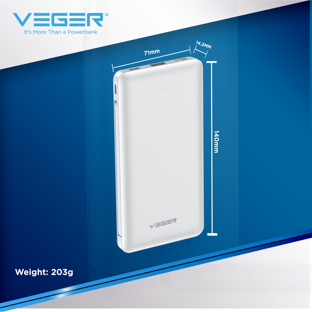 Cục sạc dự phòng 10000mah Veger VP1081, Pin dự phòng chính hãng có dây sạc iphone typec tích hợp sạc nhanh 2A - BAOVY