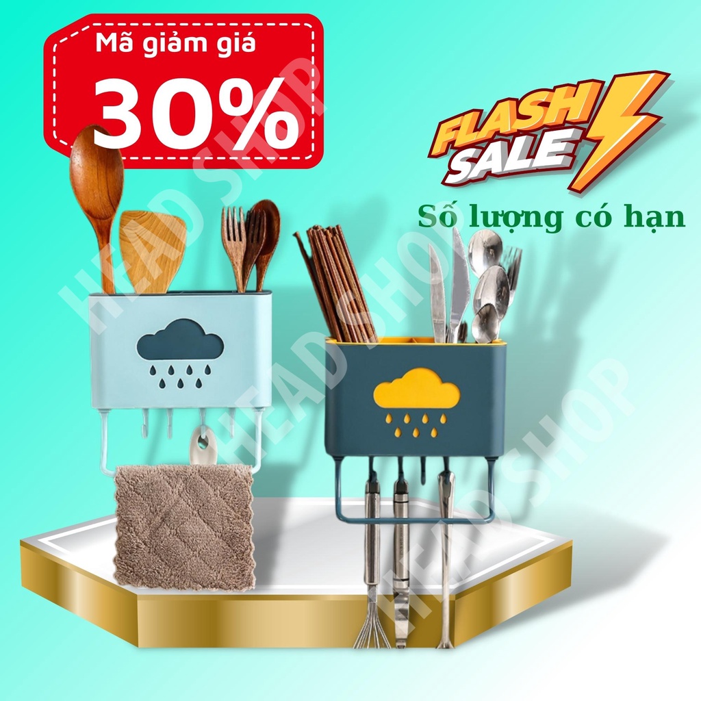 Kệ đựng đũa đẹp dán tường hình đám mây ống đũa dễ thương, cute có 4 móc và khay treo khăn F435 HEAD SHOP