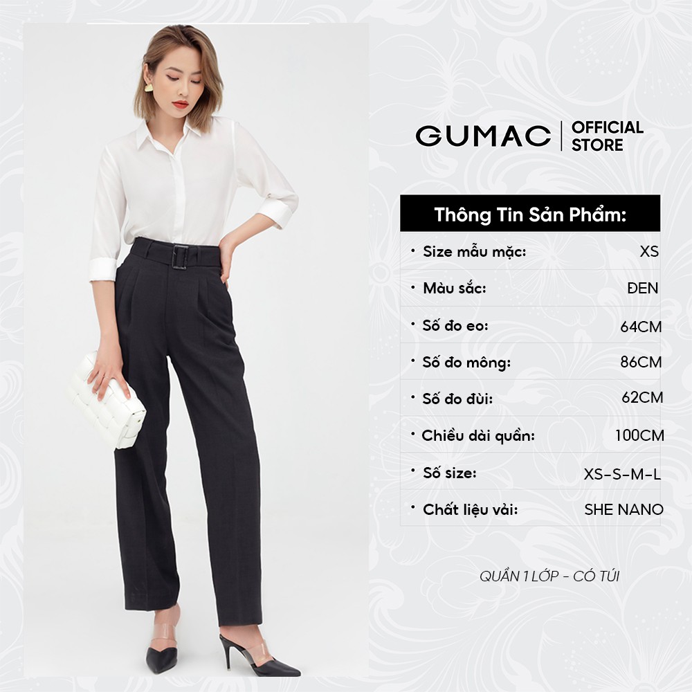 Quần tây nữ phối đai lưng GUMAC thiết kế công sở, màu đen ống rộng QB510