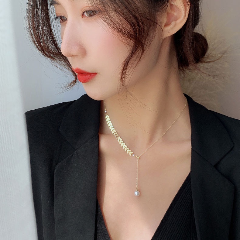 Korean Temperament Simple Wheat Ear Pearl Tassel Necklace Personality Cold Wind Adjustable Net Red Clavicle Chain Pendant