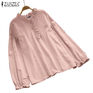 Áo ZANZEA tay dài màu trơn phối bèo tay áo co giãn phong cách thanh lịch dành cho nữ
