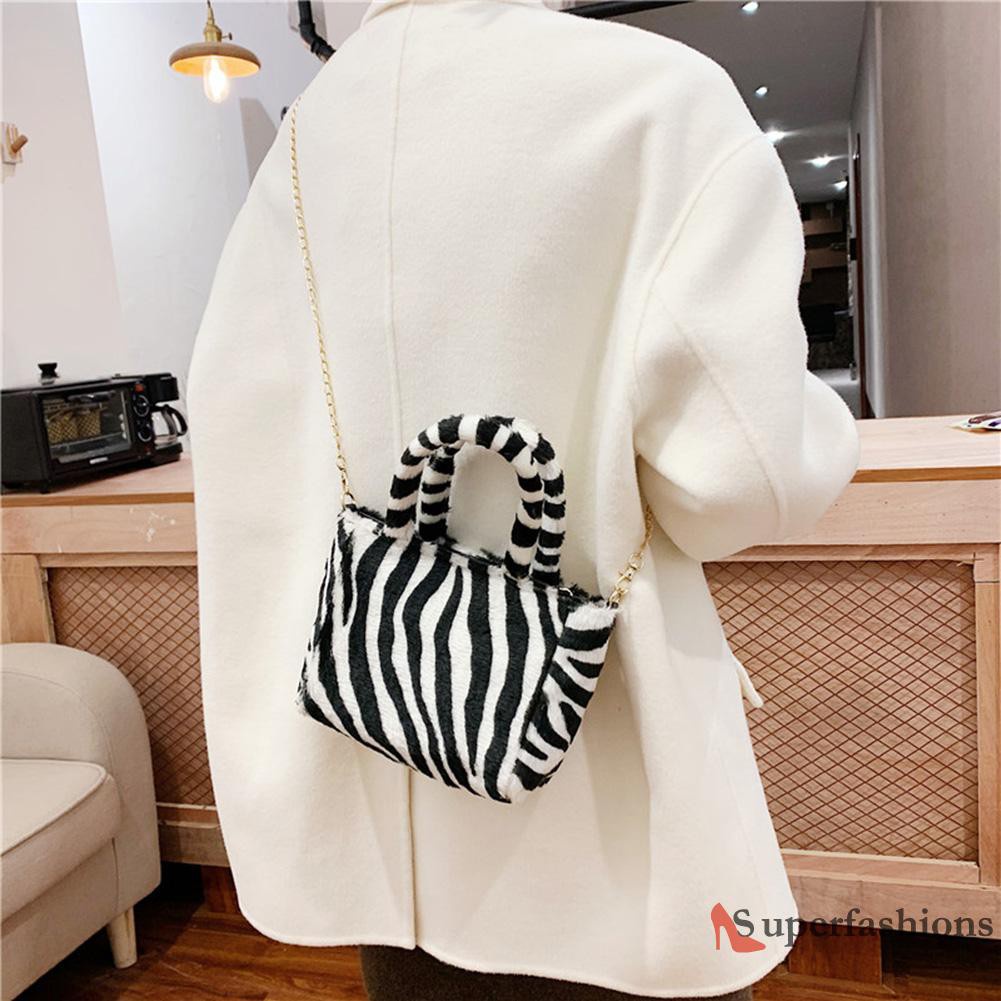 【Hot Sale】Autumn Shoulder Handbag Zebra Pattern Plush Women Chain Messenger Bag Totes