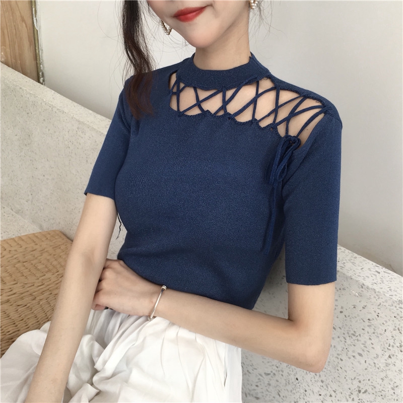 Áo Thun Dệt Kim Mỏng Trơn Khoét Vai Cổ Rùa Ngắn Tay Thời Trang Mùa Hè Dành Cho Nữ