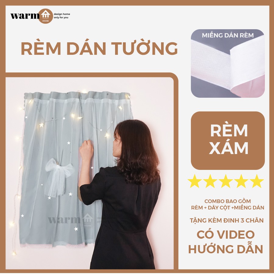 ( SẴN) Rèm Dán Hai Lớp Ảnh Thật WARM HOUSE - Màu Xám